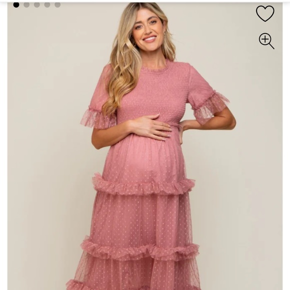 Pink Blush Pink Polka Dot Tulle Smocked Maternity Midi Dress - Picture 1 of 4